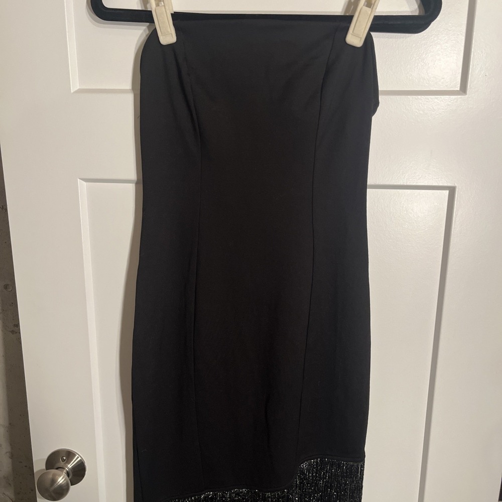 Crystal Sky Black Strapless Fringe Midi Evening Dress